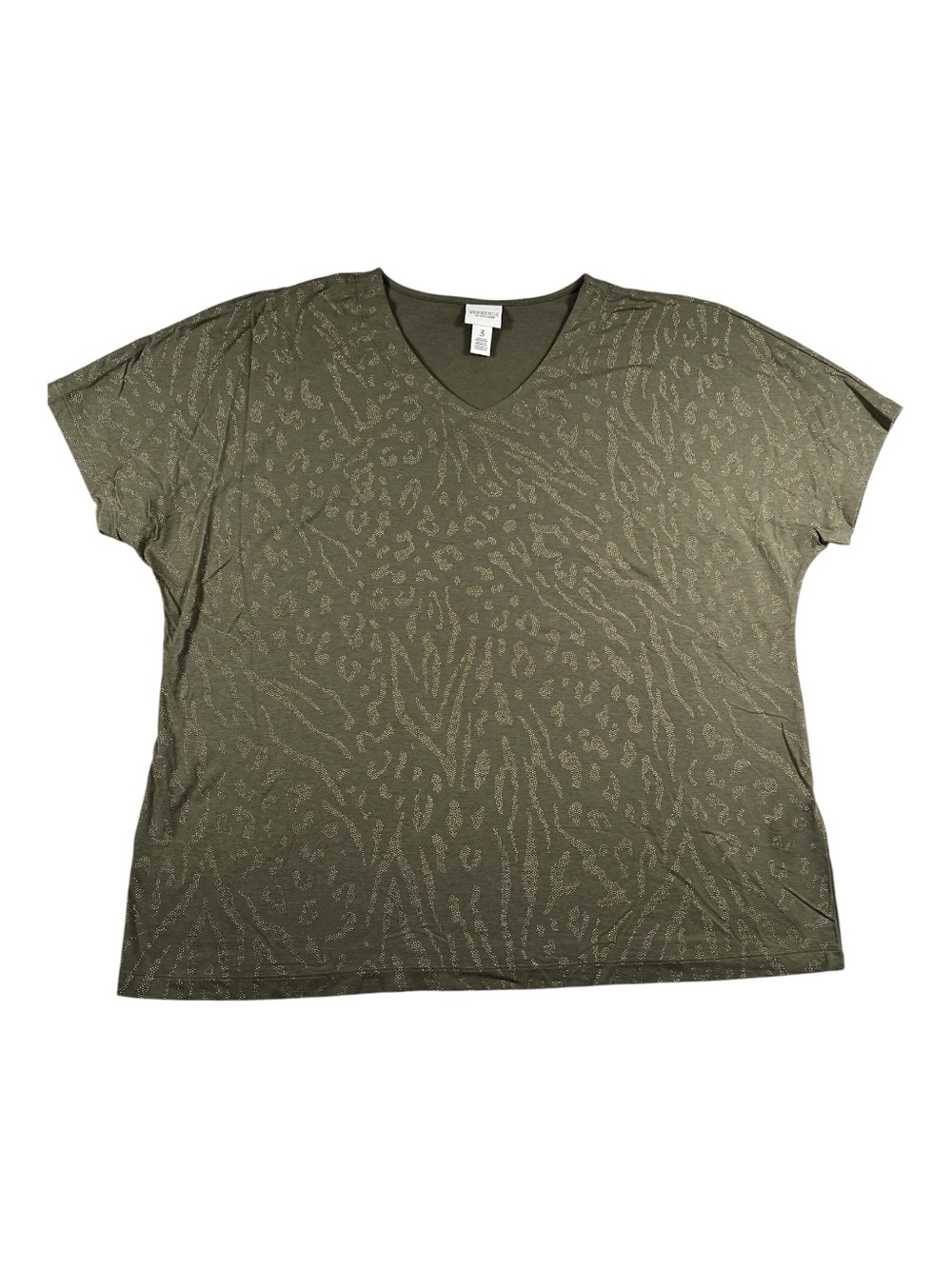 Chico’s Weekends Size 3 XL Olive Green Animal Print Studded Boho V Neck Top